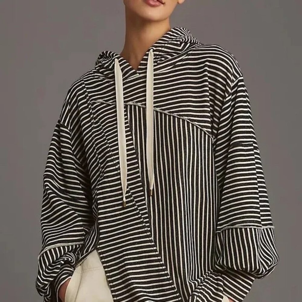 Anthropologie Black and White Striped Pullover Hoodie